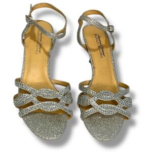 Badgley Mischka Womens Sliver Open Toe Kitten Heel Glitter Rhinestone Size 8.5